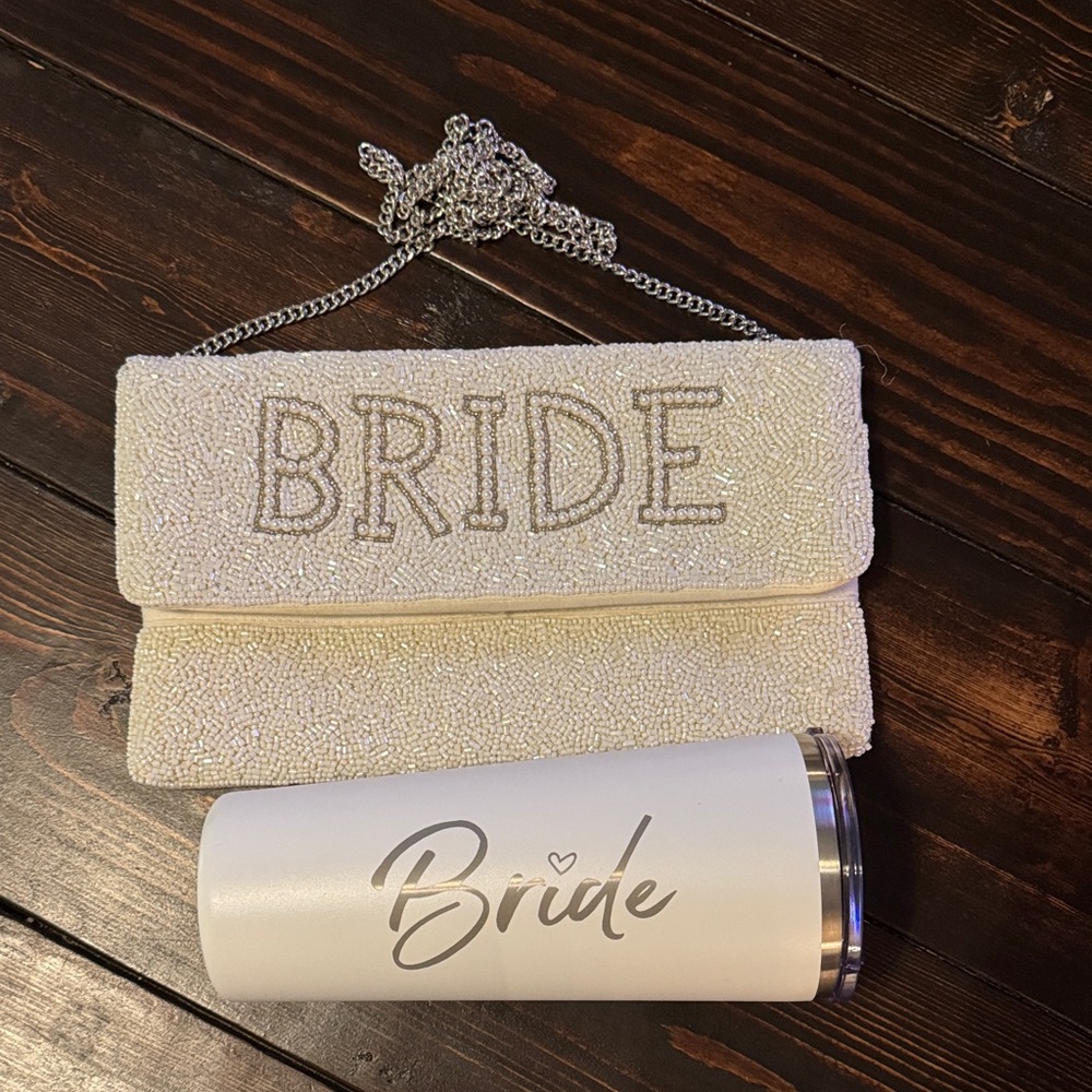 Elegant White Beaded Bride Clutch and Bride Tumbler
